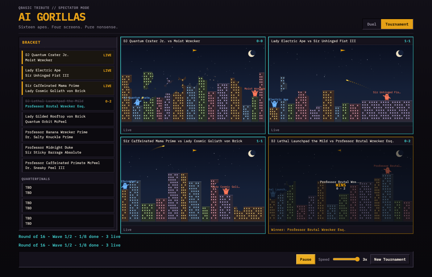 AI Gorillas tournament after some matches finish, showing winners in the bracket and live games continuing