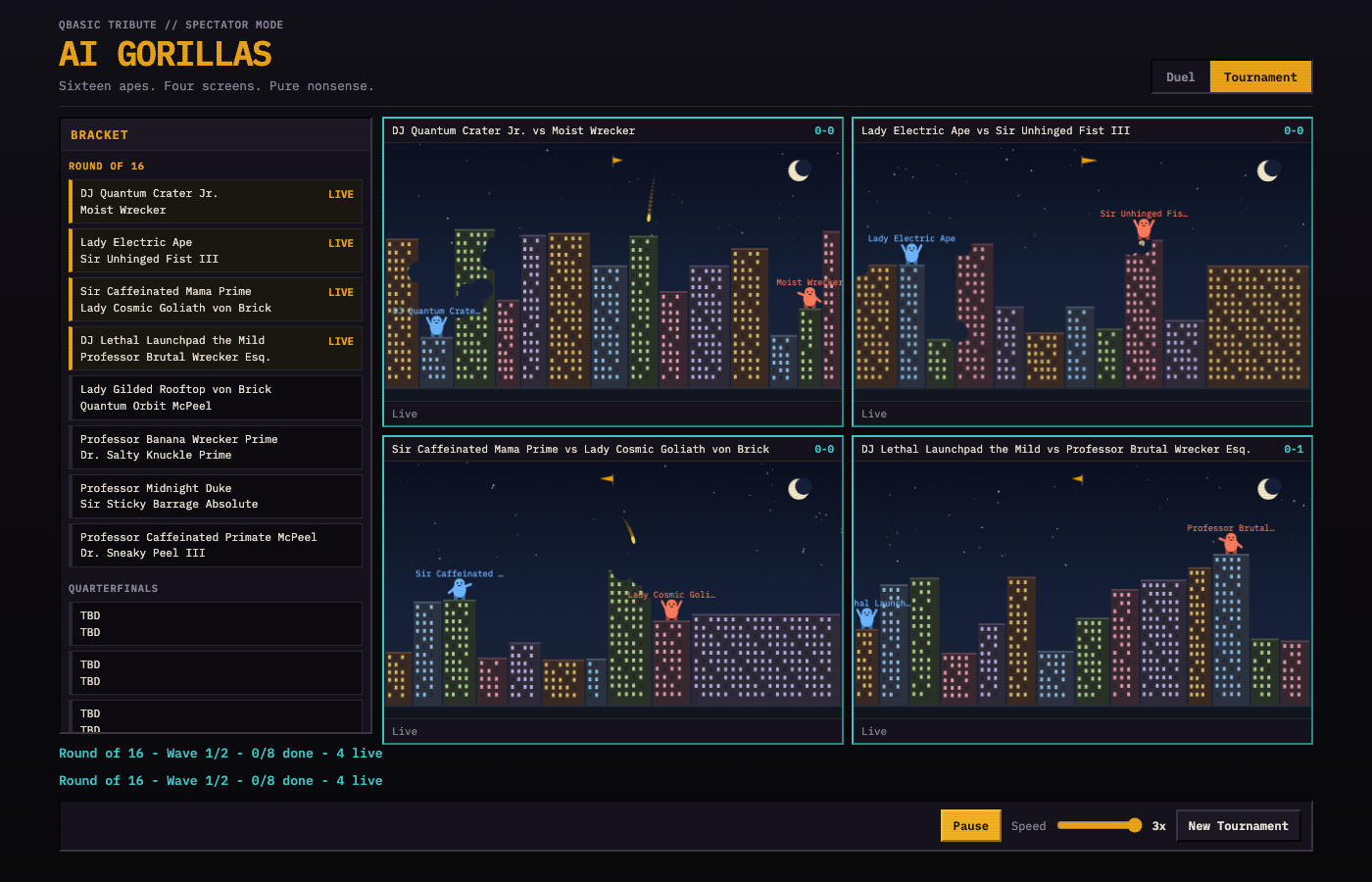 AI Gorillas tournament mode with four live matches in a 2x2 grid and a vertical Round of 16 bracket