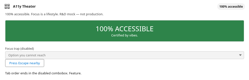 A11y Theater with 100 percent accessible badge and disabled combobox