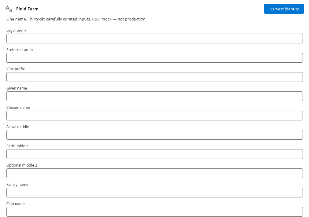 Field Farm form with thirty-six curated inputs for a single name