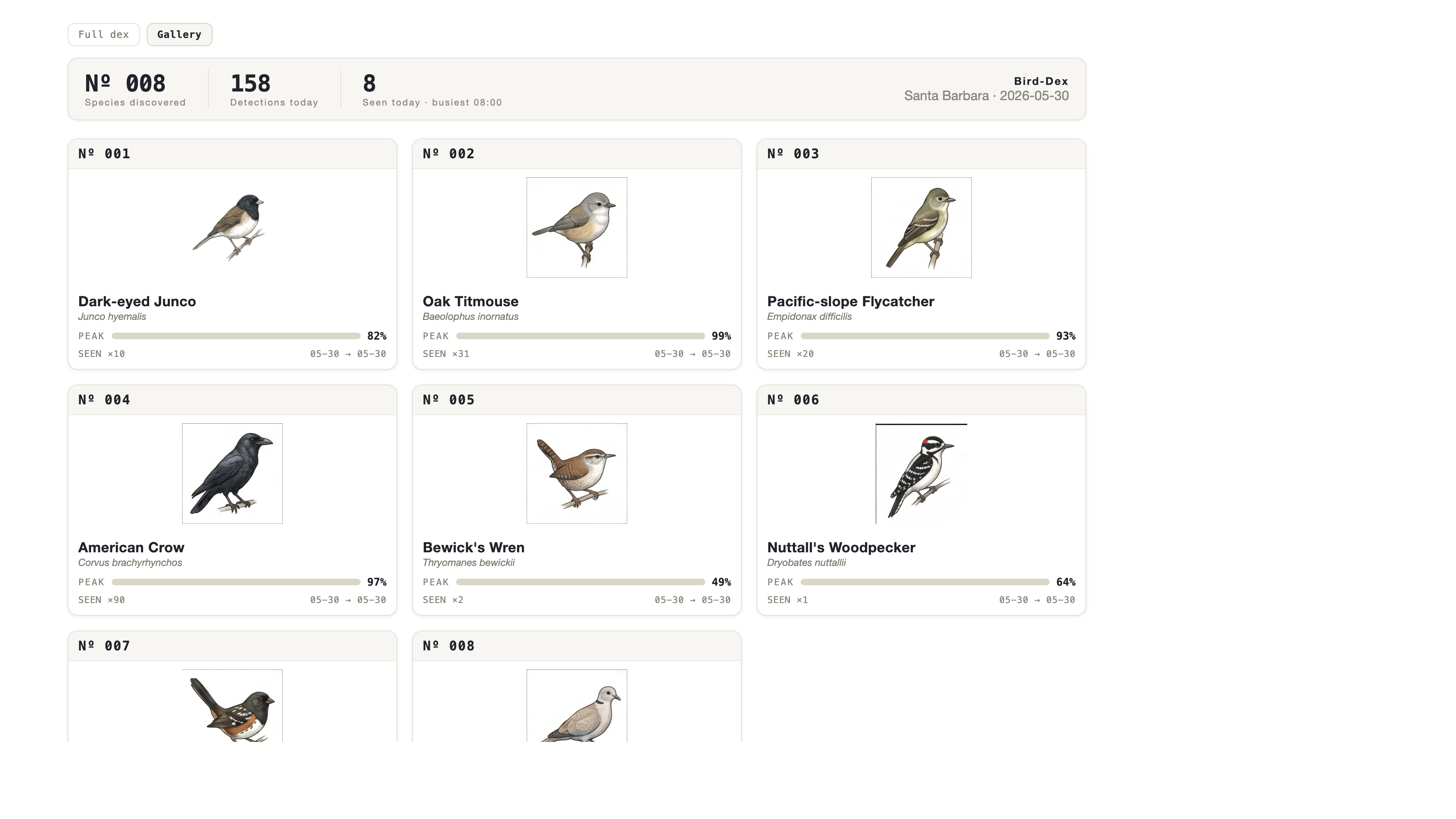 Bird-Dex gallery view — a grid of bird illustrations with species names and sighting stats