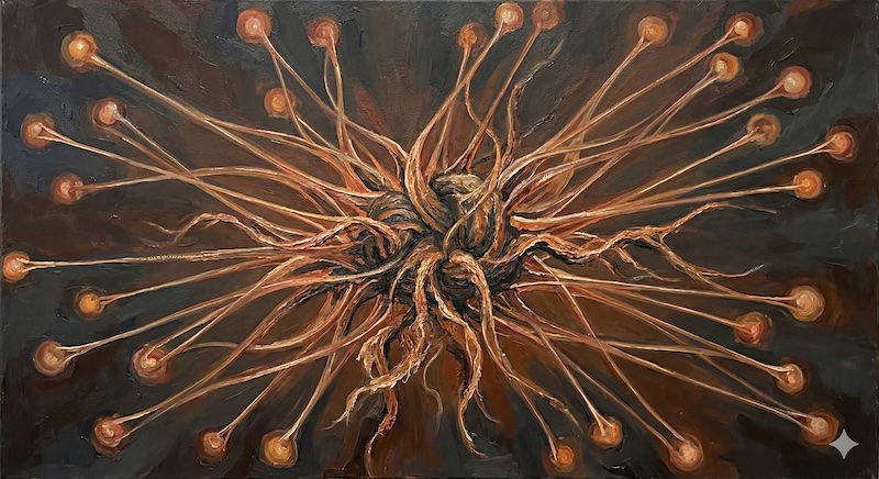 Forty-seven threads radiating from a single dark knot — an abstract oil painting of a codebase untangled