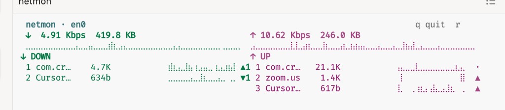 Live netmon session on en0 showing CrowdStrike, Cursor, and Zoom on the upload and download ladders