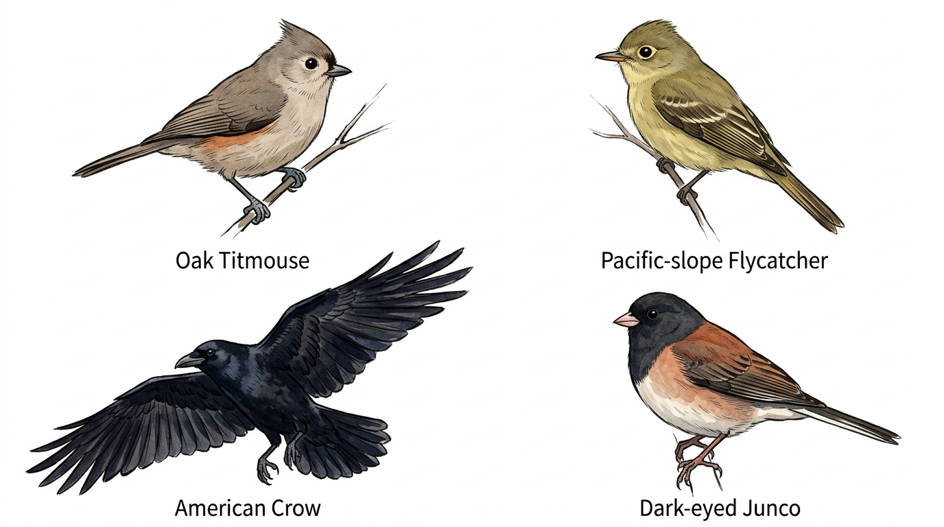 Example output listing Oak Titmouse, Pacific-slope Flycatcher, American Crow, and Dark-eyed Junco from a backyard recording